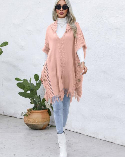 Fringe Trim Buttoned Hooded Poncho
