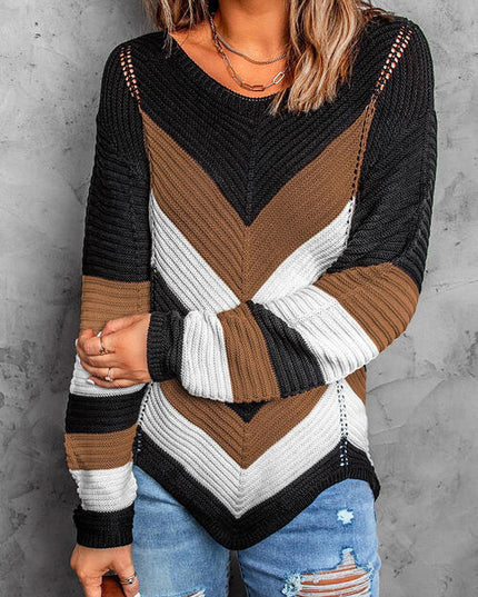 Eyelet Color Block Long Sleeve Sweater
