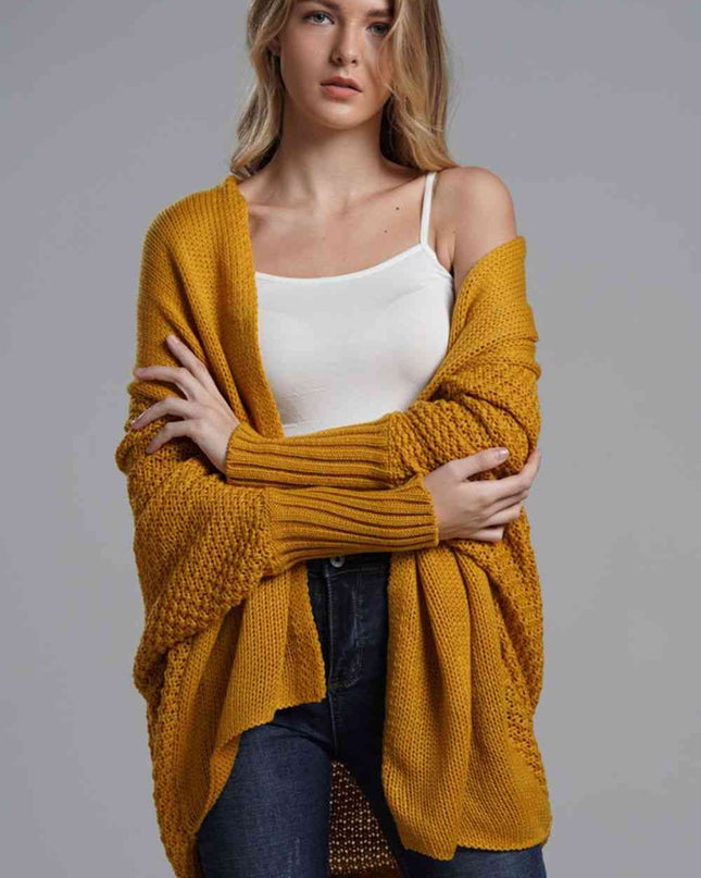 Double Take Dolman Sleeve Open Front Ribbed Trim Longline Cardigan