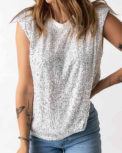 Sequin Round Neck Capped Sleeve Tank