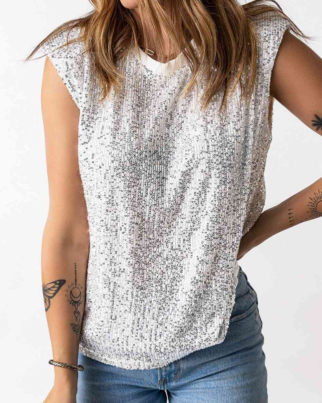 Sequin Round Neck Capped Sleeve Tank