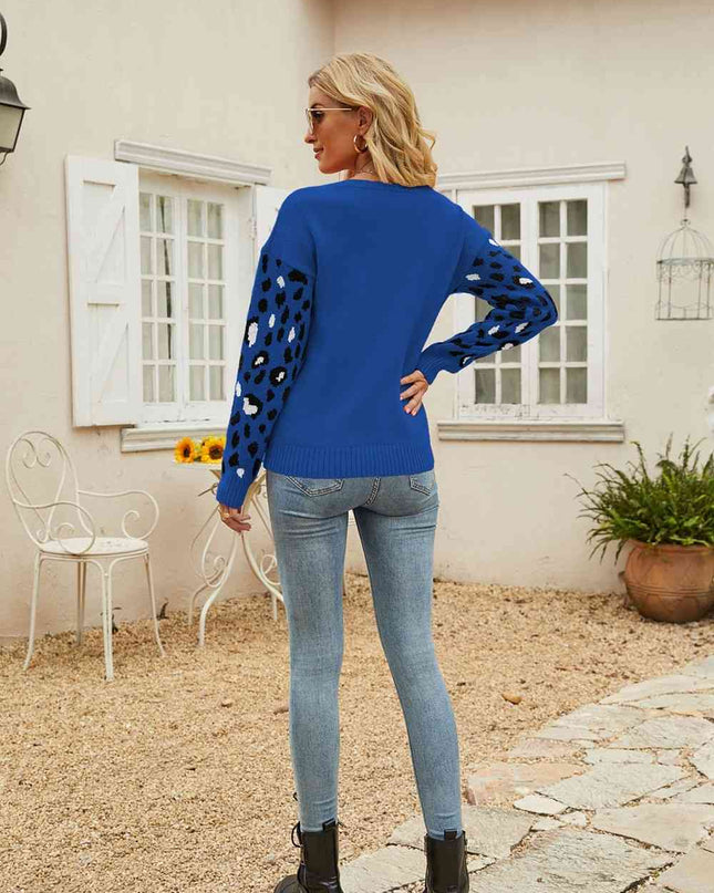 Woven Right Printed Dropped Shoulder Round Neck Sweater