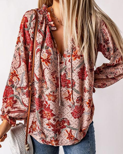 Floral Tie Neck Flounce Sleeve Blouse
