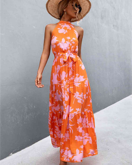 Printed Sleeveless Tie Waist Maxi Dress