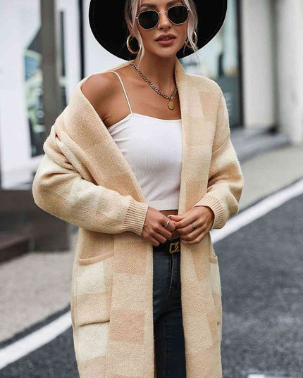 Plaid Dropped Shoulder Cardigan with Pocket