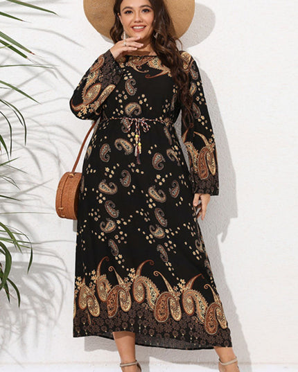 Full Size Tie Waist Round Neck Long Sleeve Midi Dress