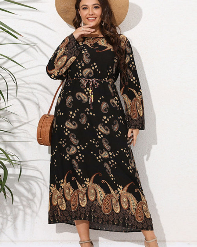 Full Size Tie Waist Round Neck Long Sleeve Midi Dress