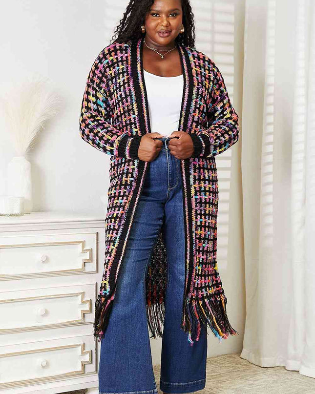 Double Take Full Size Multicolored Open Front Fringe Hem Cardigan