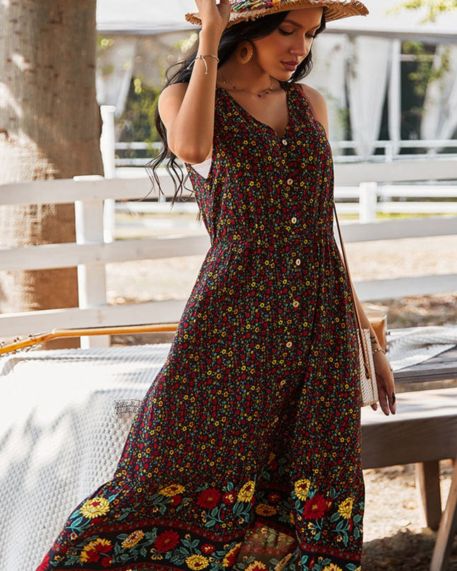 Floral Print Bohemian Style V-neck Sleeveless Midi Dress