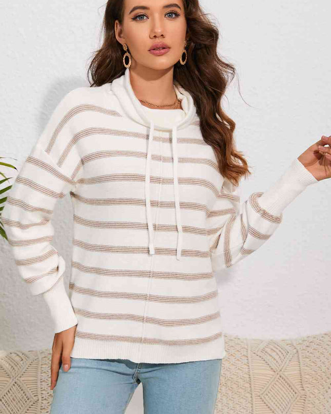 Double Take Cowl Neck Drawstring Dropped Shoulder Striped Print Blouse