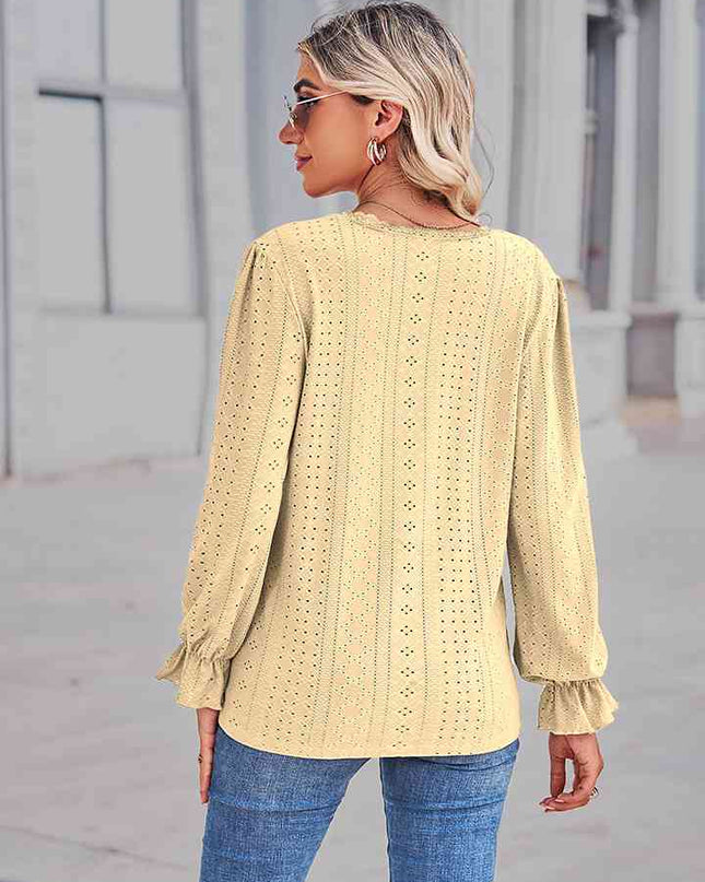 Eyelet V-Neck Flounce Sleeve Blouse