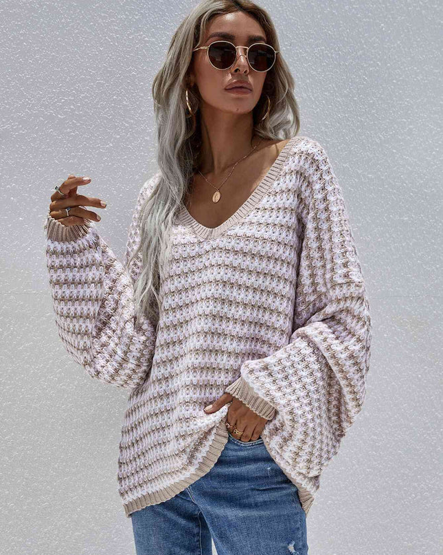 Striped Drop Shoulder V-Neck Pullover Sweater
