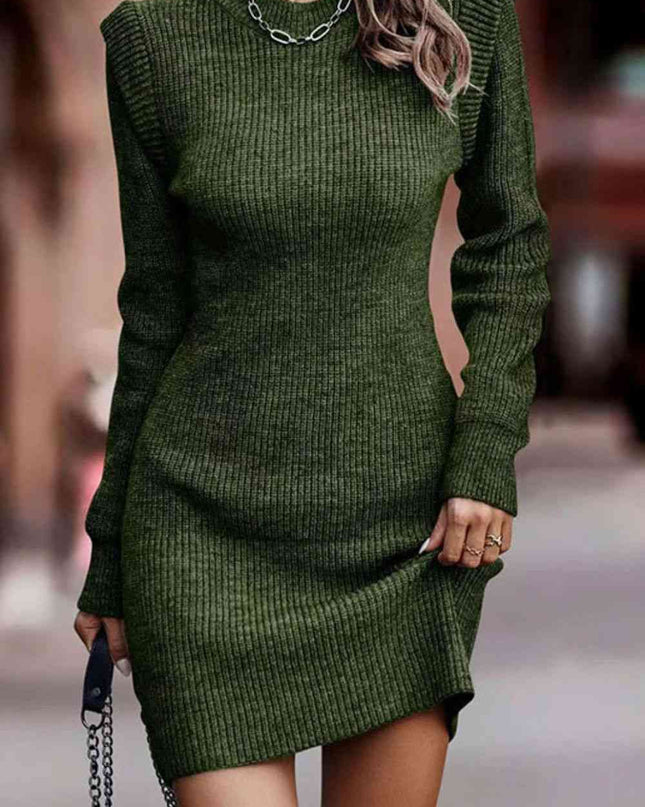 Rib-Knit Round Neck Sweater Dress