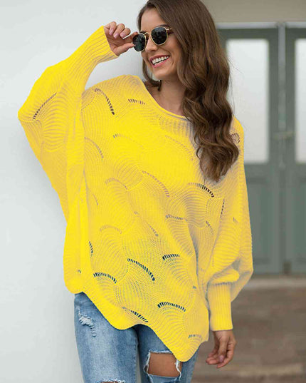 Full Size Boat Neck Lantern Sleeve Openwork Knit Top