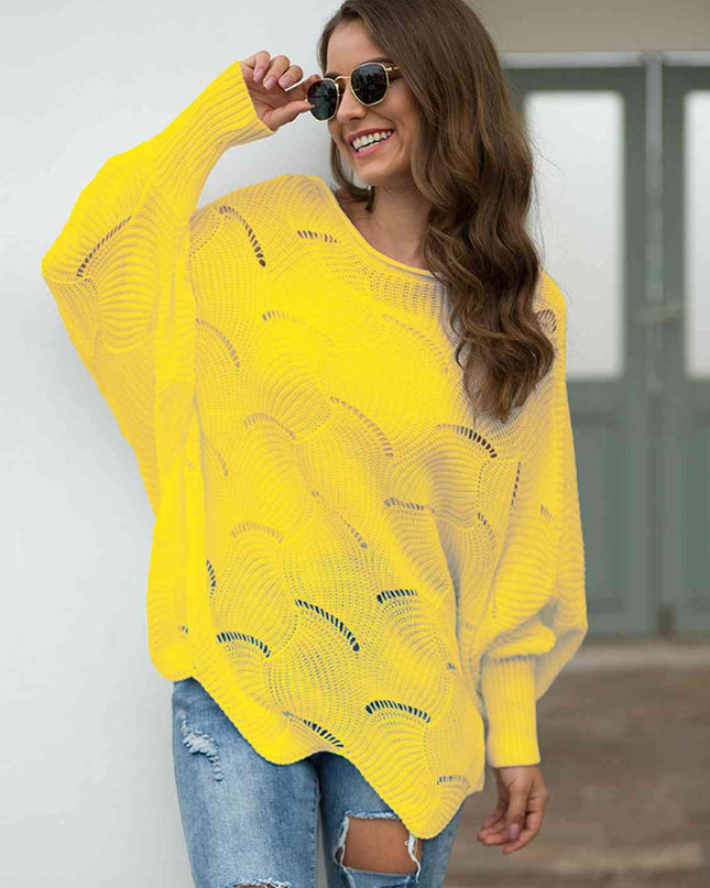 Full Size Boat Neck Lantern Sleeve Openwork Knit Top