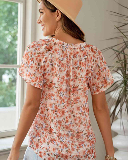 Floral Notched Neck Flutter Sleeve Blouse