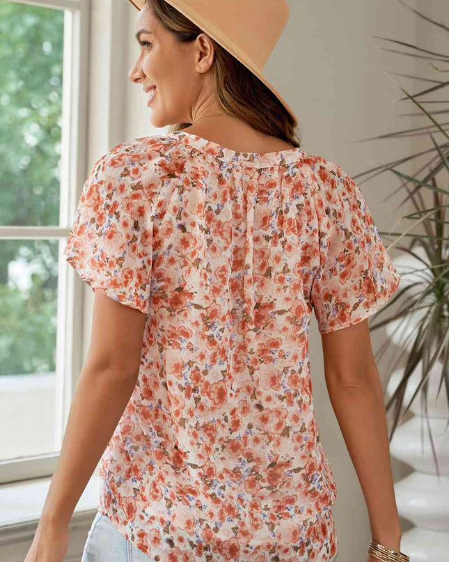 Floral Notched Neck Flutter Sleeve Blouse