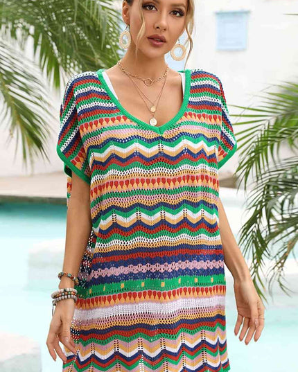 Rainbow Stripe Scalloped V-Neck Cover-Up Dress