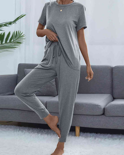 Round Neck Short Sleeve Top and Pants Set