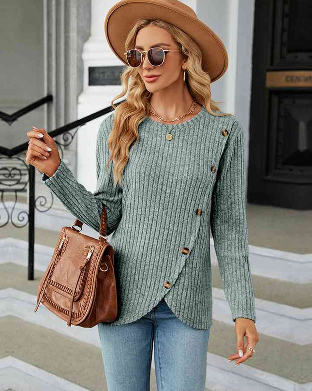 Round Neck Ribbed Button Detail Blouse
