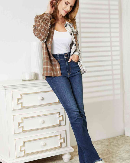 Double Take Plaid Contrast Button Up Shirt Jacket