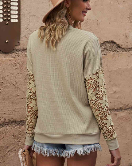 Double Take Dropped Shoulder Openwork Round Neck Sweatshirt