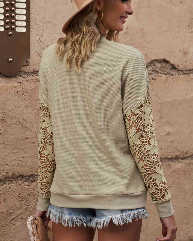 Double Take Dropped Shoulder Openwork Round Neck Sweatshirt