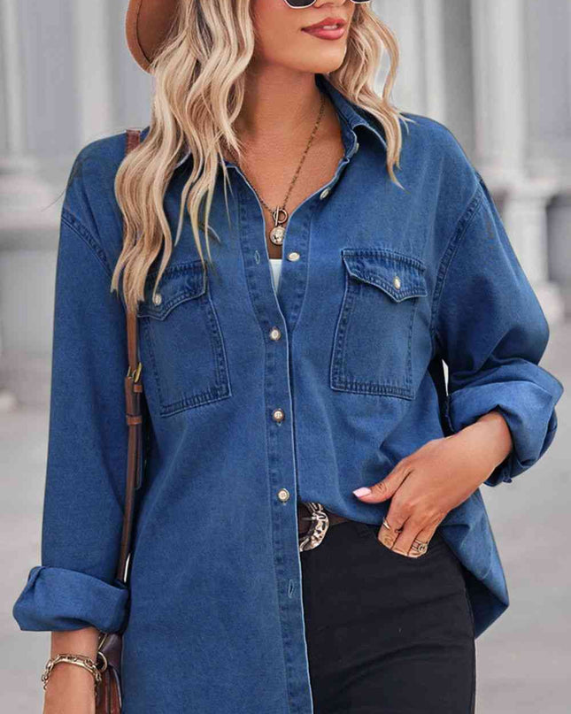 Collared Neck Dropped Shoulder Denim Top