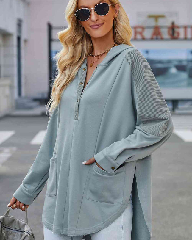 Long Sleeve Buttoned Hoodie with Pockets