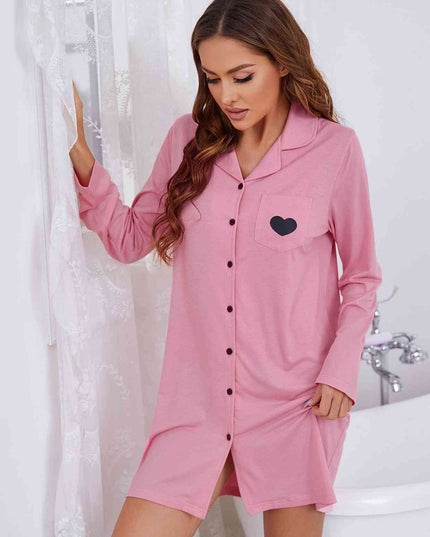 Heart Graphic Lapel Collar Long Sleeve Night Dress