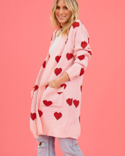 Heart Graphic Open Front Cardigan with Pockets