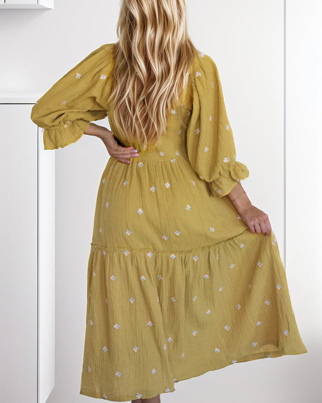 Smocked Square Neck Flounce Sleeve Dress