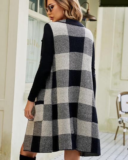 Plaid Open Front Sleeveless Cardigan with Pockets