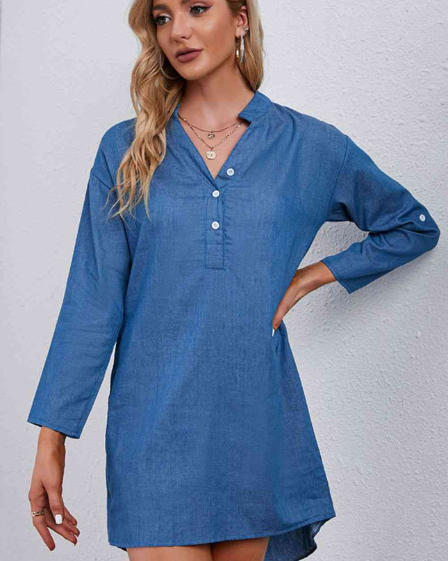 Half-Button Notched Neck High-Low Denim Dress