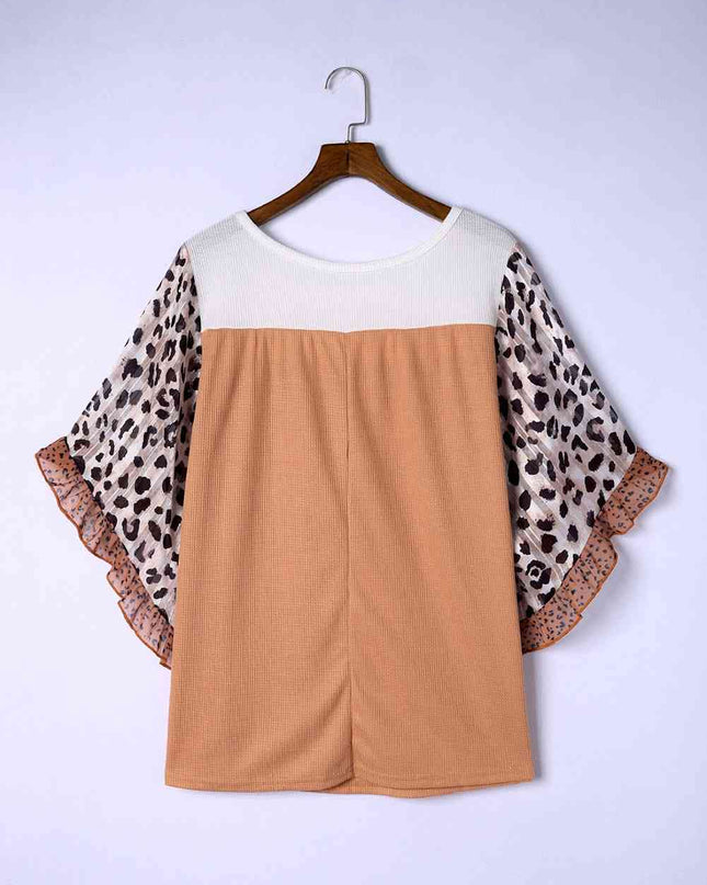 Plus Size Printed Color Block Ruffled Blouse