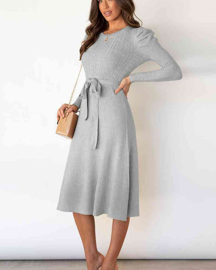 Round Neck Long Sleeve Tie Waist Sweater Dress