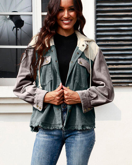 Contrast Drawstring Snap Down Raw Hem Hooded Jacket
