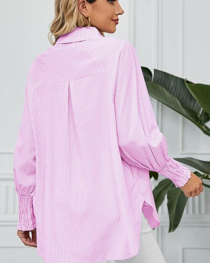 Striped Button Up Smocked Long Sleeve Shirt