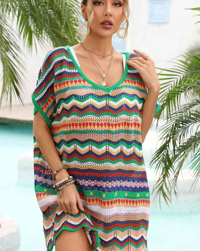 Rainbow Stripe Scalloped V-Neck Cover-Up Dress
