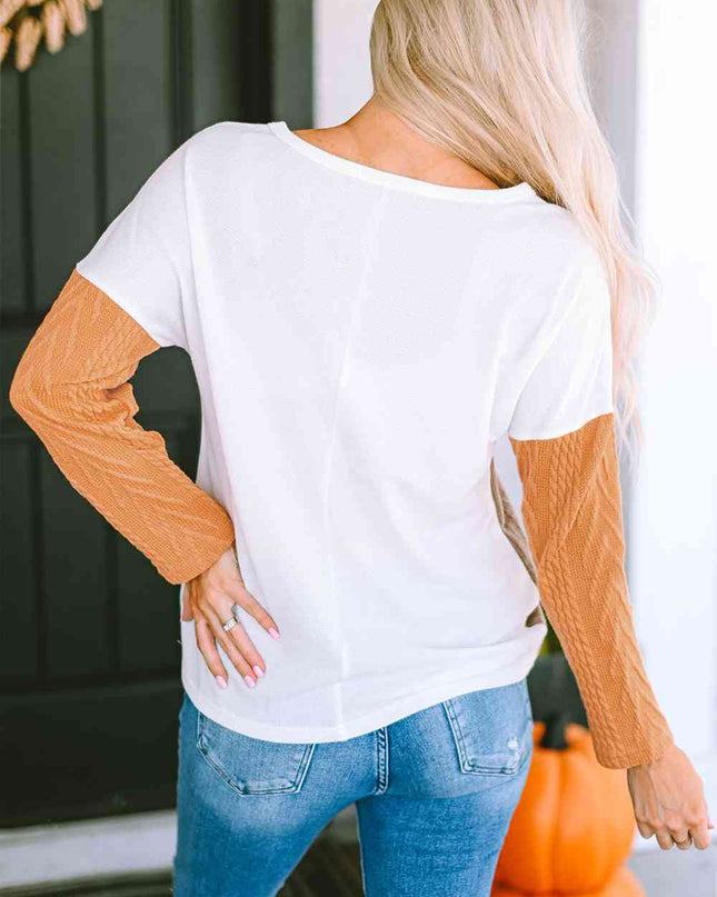 Full Size Color Block Cable-Knit Tops