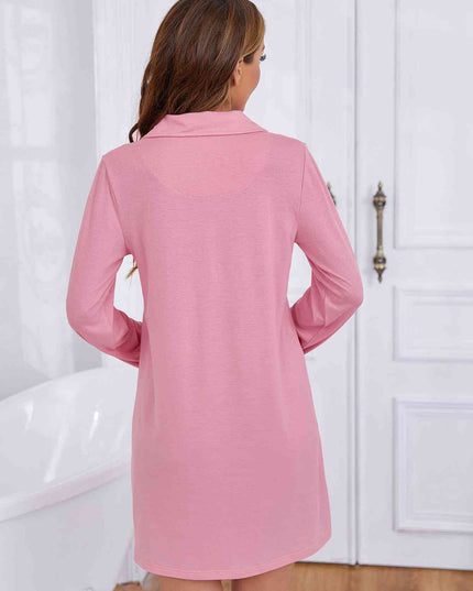 Heart Graphic Lapel Collar Long Sleeve Night Dress