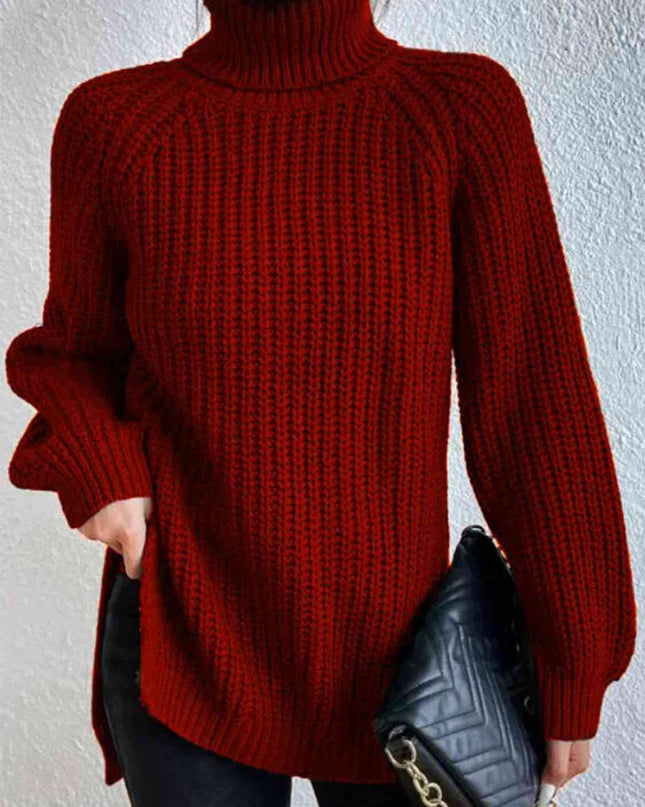 Full Size Turtleneck Rib-Knit Slit Sweater
