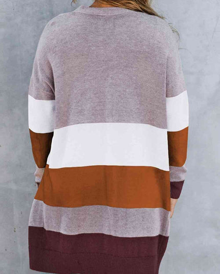 Woven Right Color Block Open Front Ribbed Cuff Cardigan with Pockets