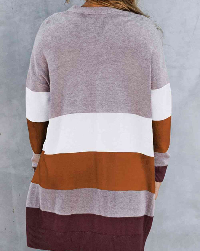 Woven Right Color Block Open Front Ribbed Cuff Cardigan with Pockets