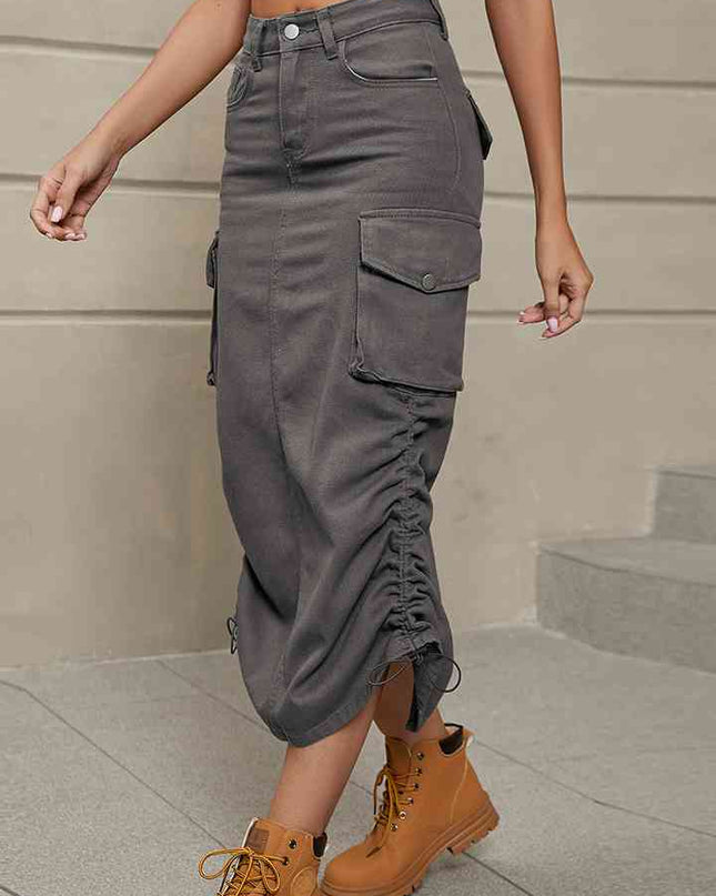 Drawstring Denim Skirt with Pockets