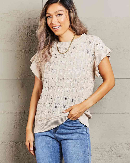 Double Take Round Neck Short Sleeve Cable-Knit Top