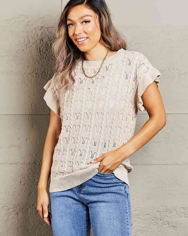 Double Take Round Neck Short Sleeve Cable-Knit Top