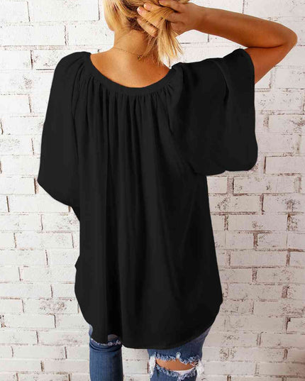 Gathered Detail Notched Neck Flutter Sleeve Top