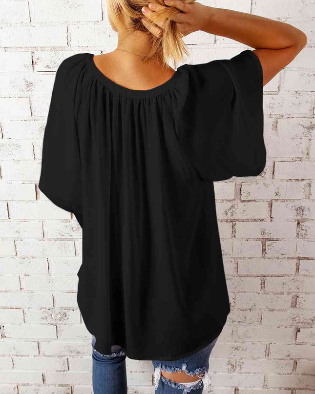 Gathered Detail Notched Neck Flutter Sleeve Top