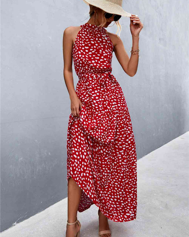 Printed Sleeveless Tie Waist Maxi Dress